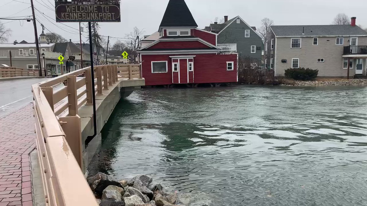 At Dock Square in the lower village of Kennebunk and Kennebunkport, high water on the Kennebunk River threatens to flood some local businesses. A coastal flood warning and high wind warning remain in effect for much of coastal Maine.